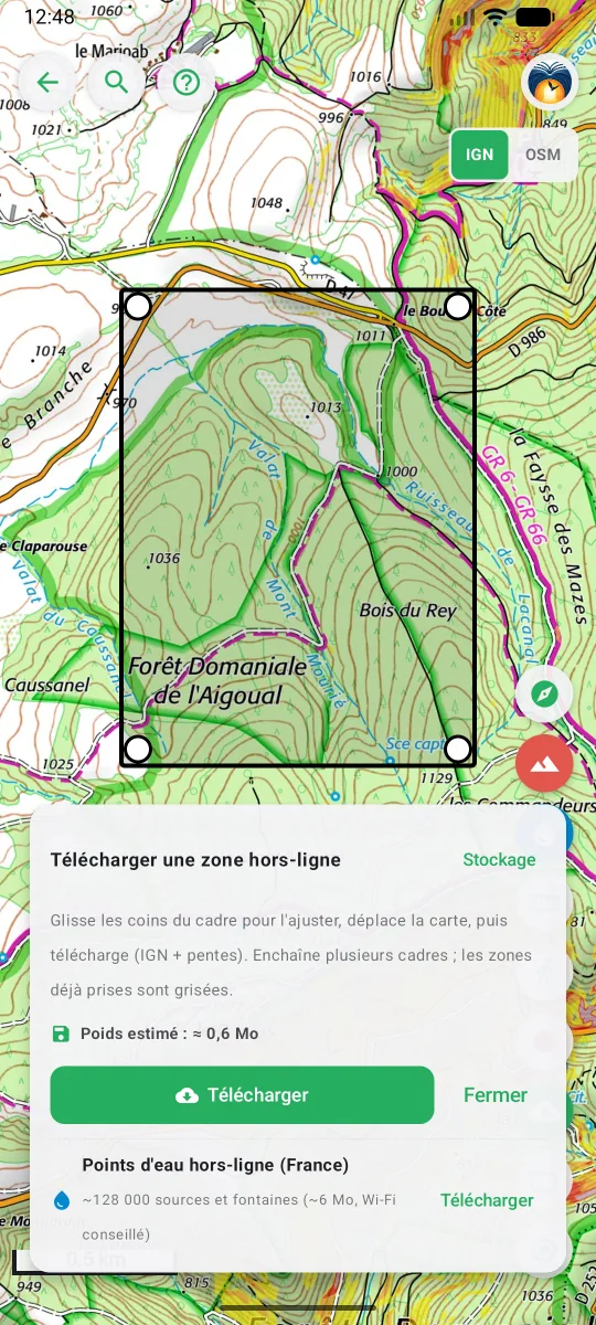 Sélection d’une zone IGN et pentes à télécharger hors ligne