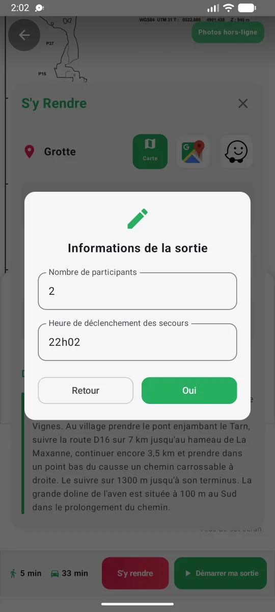 Saisie du nombre de participants et de l’heure de déclenchement des secours