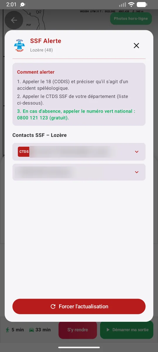 Module SSF Alerte affichant la procédure d’alerte et les contacts du département